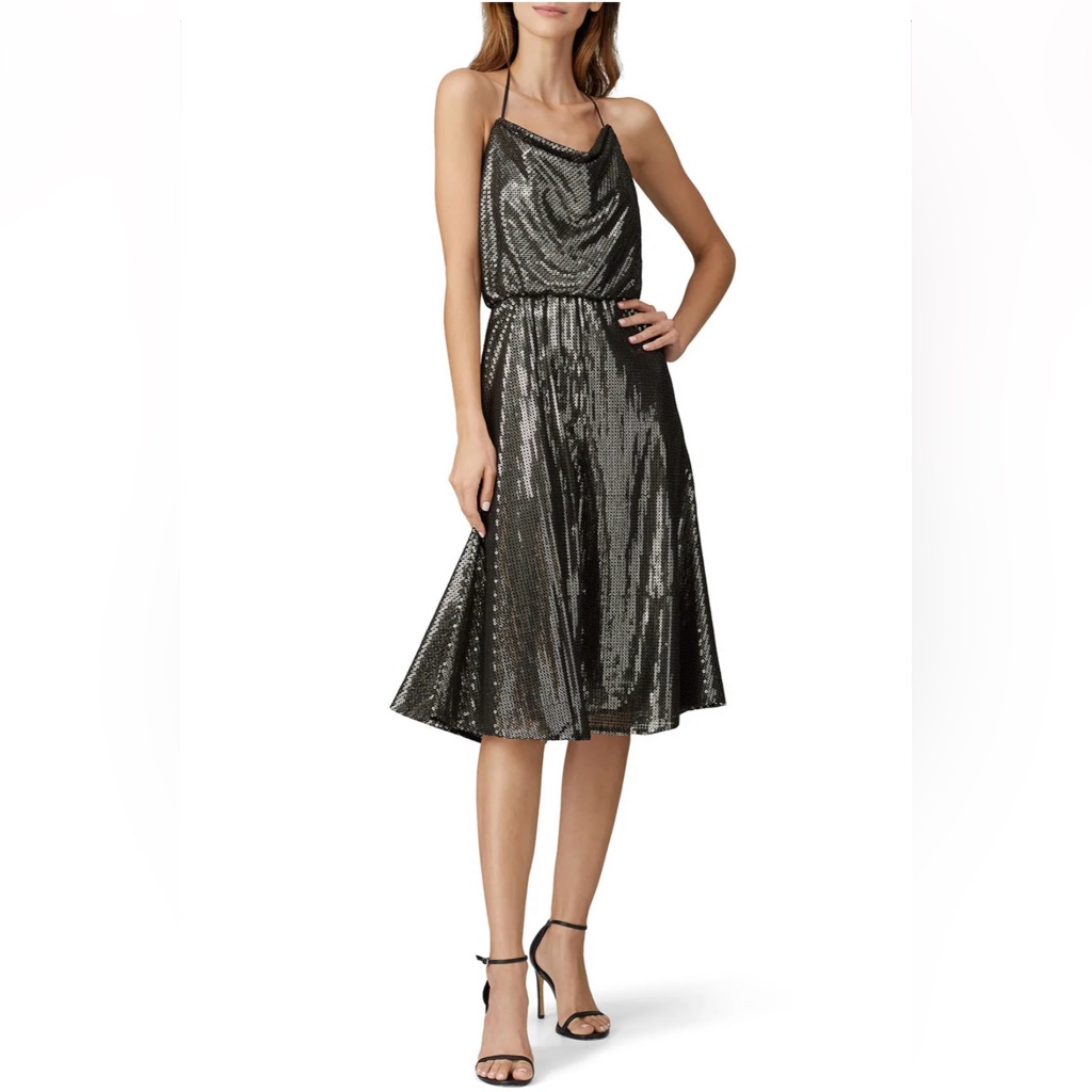 Dress The Population Zherra Sequin Dress Black/Gold Medium Open Back Midi Prom